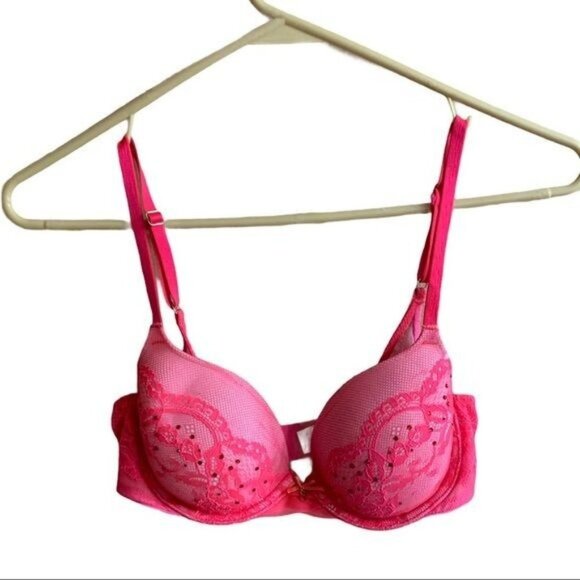 Victoria's Secret Other - Victoria's Secret Lined Demi Bra Women 32C Hot Pink Lace Rhinestones